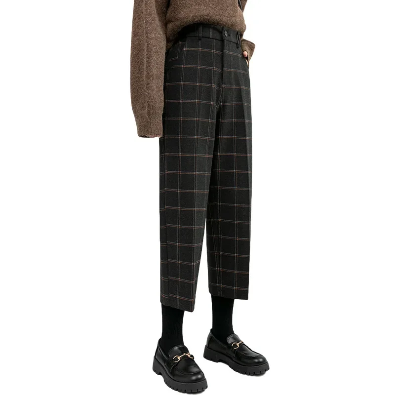 Plus Size High Waist Ankle-Length Ladies Winter Pants Pocket 2023 Women New Autumn Woolen Plaid Chic Loose Formal Straight Pant