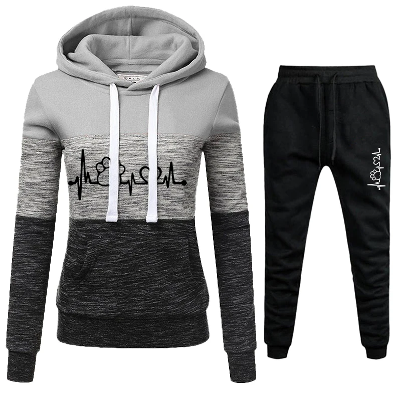 Autumn and winter women's long sleeved pullover hooded sweatpants two-piece set with three color patchwork striped hooded set