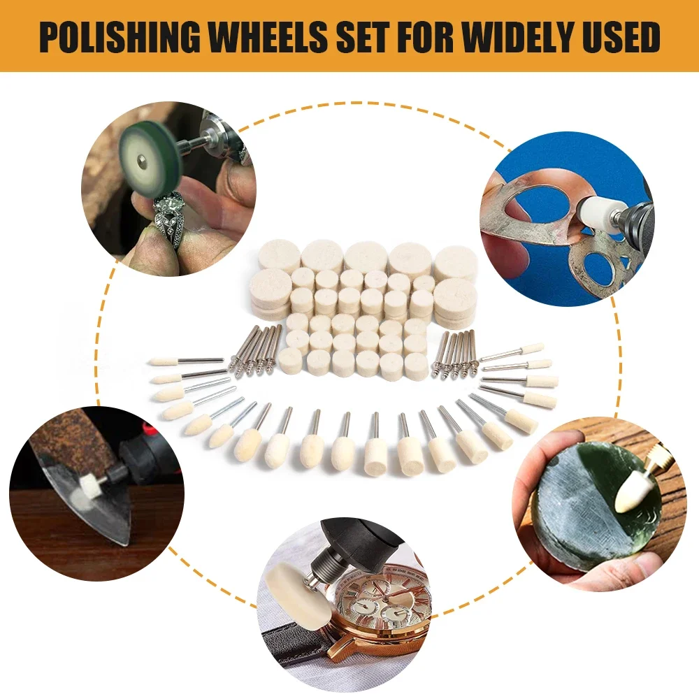 80PCS Wool Polishing Wheels for Dremel 1/8" Shank Felt Pads Kit Jewelry/Metal Polishing Rotary Tool