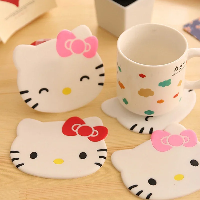 Hello Kitty Coasters Cute Cartoon Cat Head Insulated Kawaii Silica Gel Coasters Hot Drink Holder Cup Holder Kitchen Accessories silica gel coasters