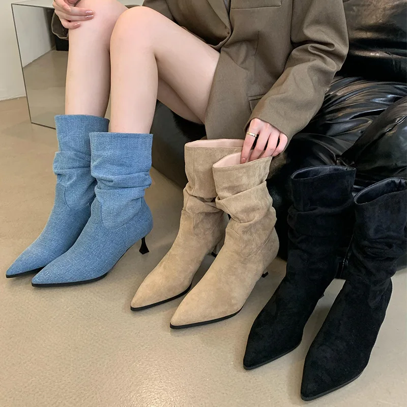 

Med Heel Boots Brand Women's Shoes Winter Footwear Boots-Women Fashion Pointy Cowboy Autumn 2023 Mid-Calf Rubber Ladies Leather
