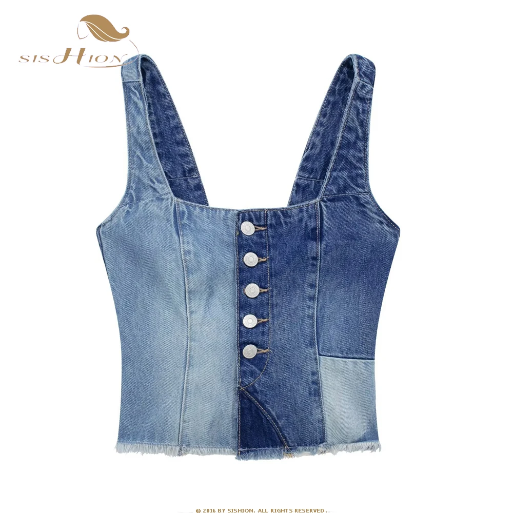 

Woman Blue Denim Crop Top Women Frayed Corset Top Female Patchwork Tank Tops for Women 2023 Wide Strap Backless Summer Top SR874