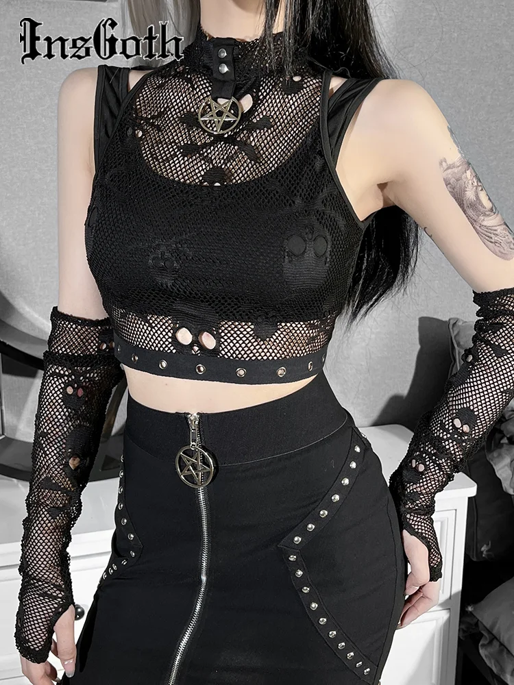 

InsGoth Gothic Y2k Emo Skeleton Bone Black Lace Gloves Women Vest Vintage Basic Sexy Outfits for Woman Fairycore Exotic Tops