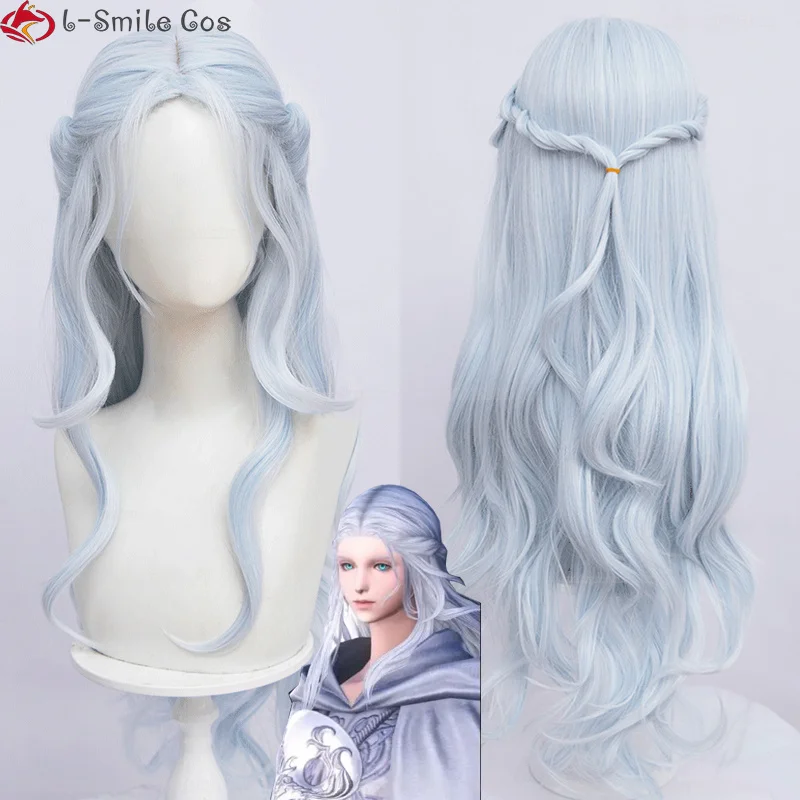 

Game FF14 Endwalker Hydaelyn Cosplay Wig Light Gray Blue 80cm Long Curly Hydaelyn Hair Heat Resistant Hair Woman Wigs + Wig Cap