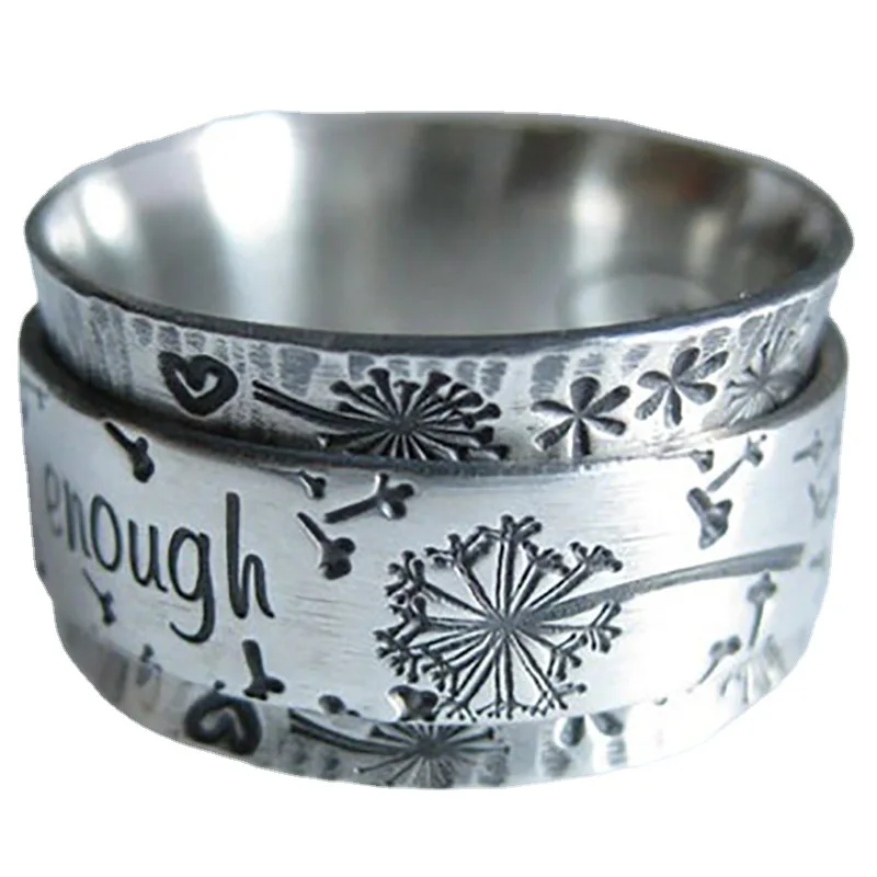 Retro Silver Color Engraved Wide Ring Lettering I Am Enough Inspiration Rings for Men Women Punk Party Jewelry Anillos De Bodas