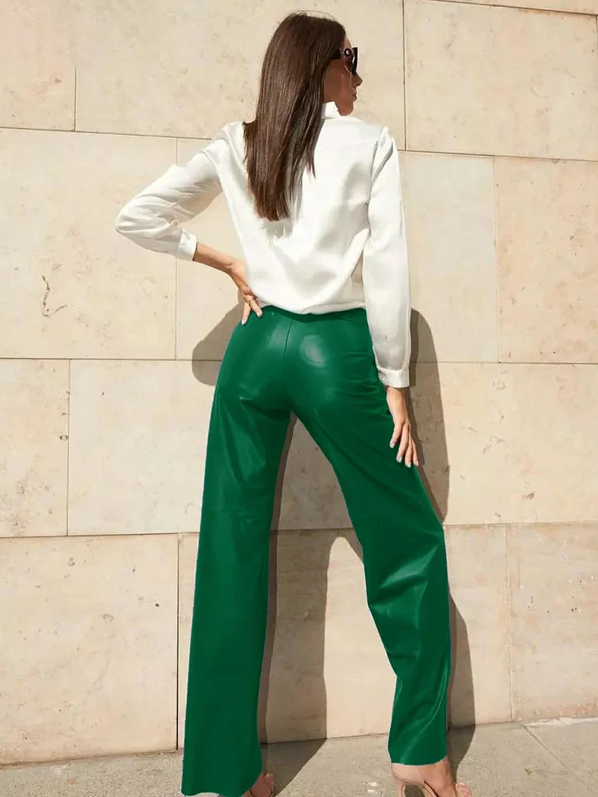 Holifeni  Fashion Green Pu Leather Women's Pants Elegant Slim High Waist Straight Trousers Streetwear Pantalones Female Clothing