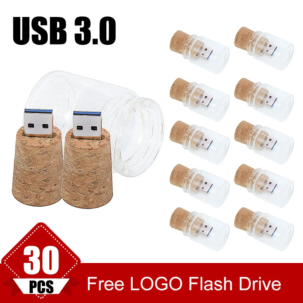 

30PCS/LOT USB 3.0 Glass Drift Bottle with Cork USB Flash Drive Glass Bottle Pen Drive 4GB 8GB 16GB 32GB 64GB Wedding gift