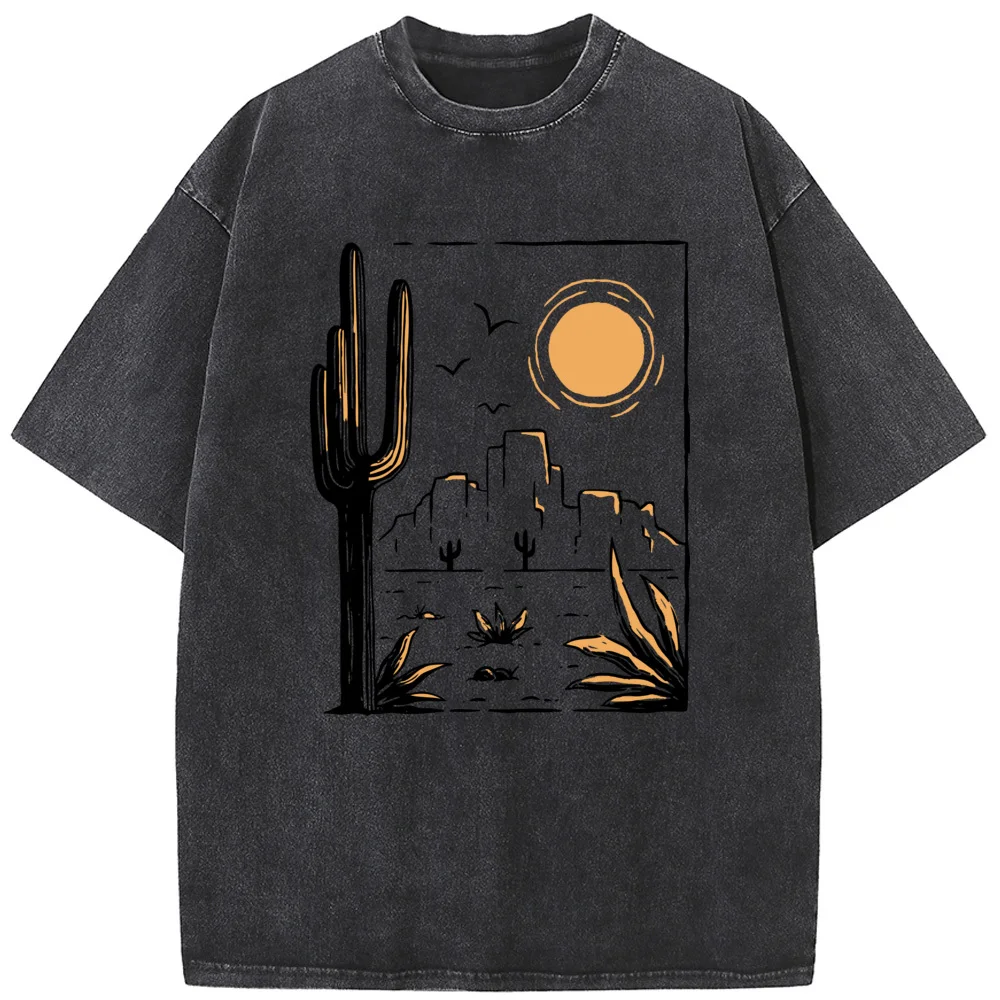 

Desert Solid Color Cactus Unisex Washed T-Shirt Novelty 230g Cotton Summer Bleached Tshirt Funny Casual Loose Bleach Tops Tee