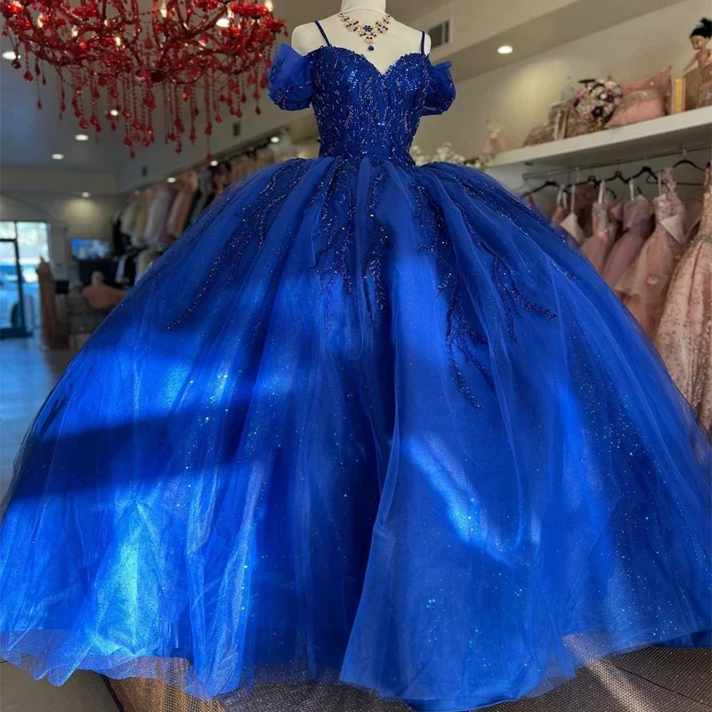 ANGELSBRIDEP Королевское синее мексиканское платье Quinceanera, ленты, украшенные бисером, для дня рождения, платья CorsetSweet 16