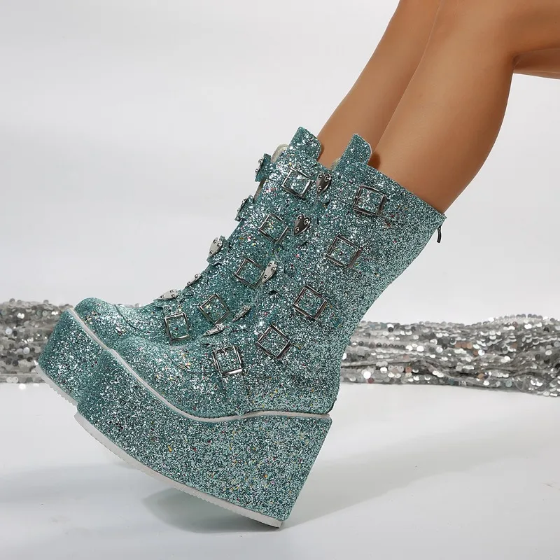 

Женские Яркие кожаные ботинки на очень высоком каблуке, на платформе