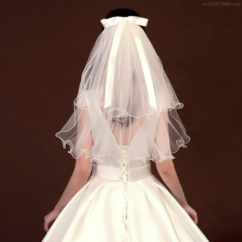 2 Layers Wedding Bridal Veil with Comb Ribbon Bow Embellished Wavy F0S4
