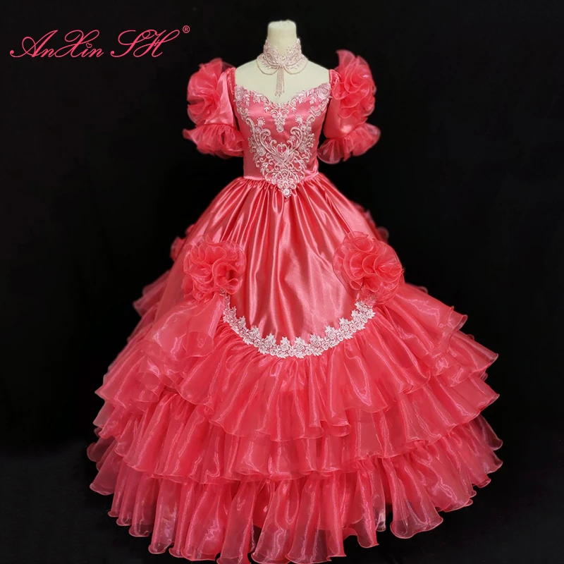 

AnXin SH vintage princess Watermelon red satin big flower sweetheart beading pearls puff sleeve bride Antique wedding dress