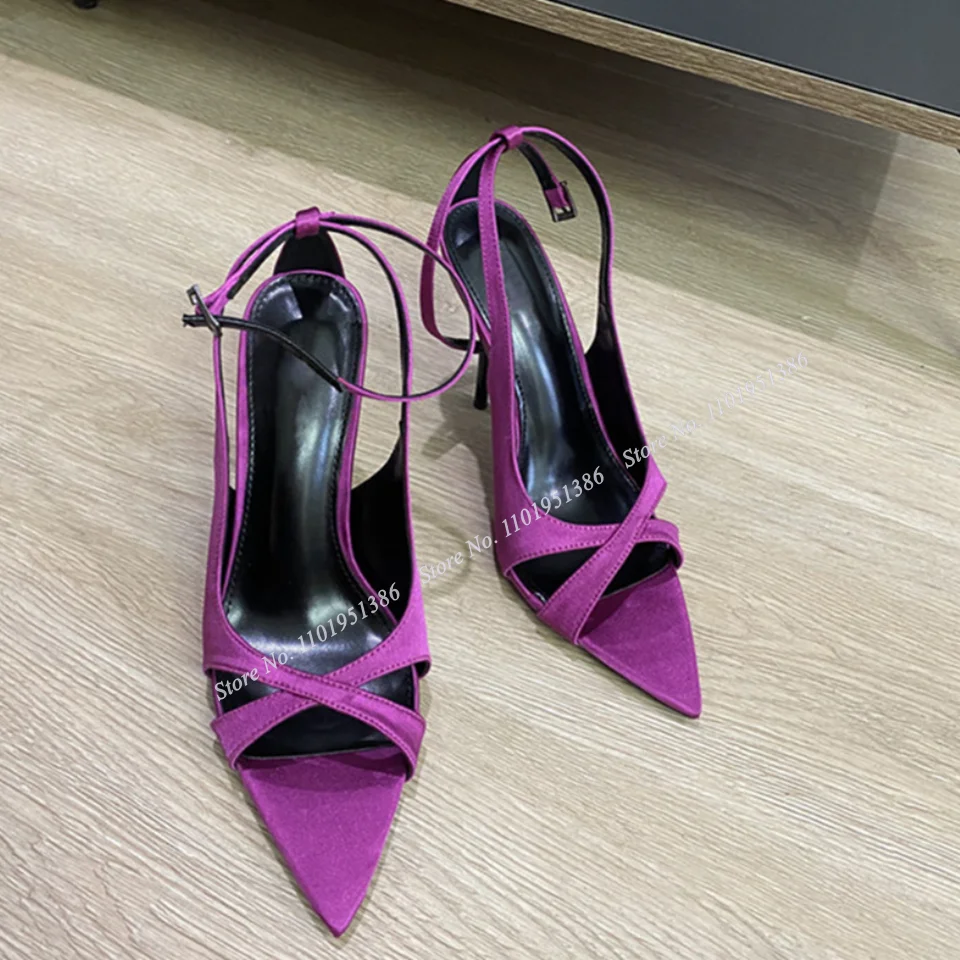 

Abesire Purple Pointed Toe Sandals Ankle Buckle Black Solid Shoes Cut Out Sandals For Women Stilettos High Heel Zapatillas Mujer