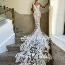 

Sevintage Luxury Mermaid Lace Applique Wedding Dresses Spaghetti Straps V-Neck Bridal Dress Custom Made Wedding Gowns 2022