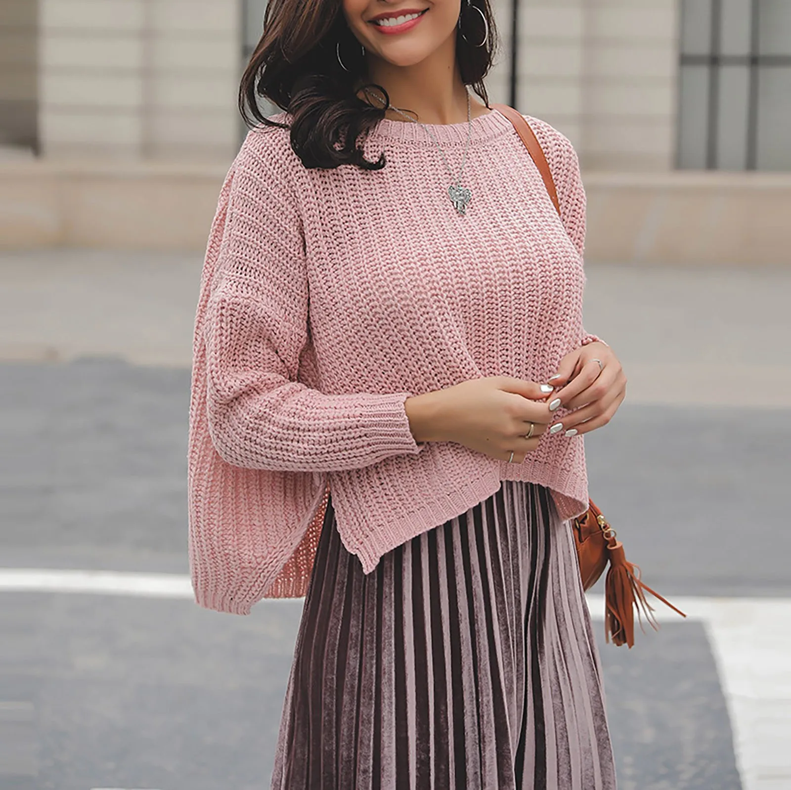 

Woman Autumn And Winter Solid Color O Neck Pullover Bottom Knit Slit Button Decorate Show High Short Mens Sweater Business