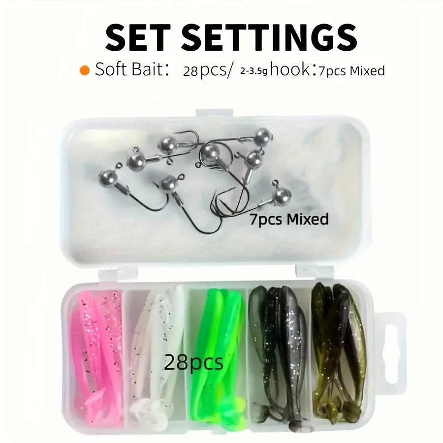 35pcs Soft Fishing Lures Kit with 10pcs Jig Head Hooks 25pcs Two-Color T Tail Colorful Silicone Soft Plastic Fishing Tackle