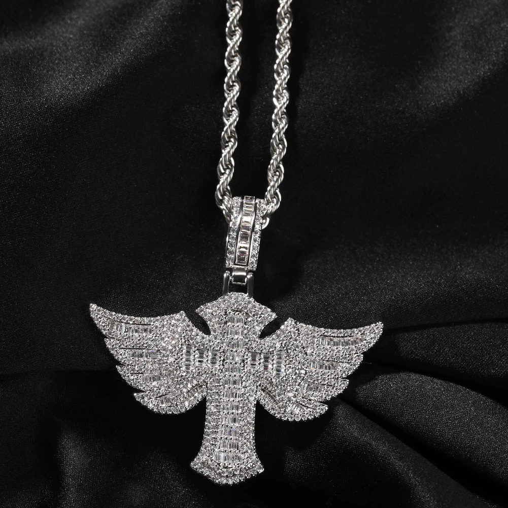 Uwin Cross Wing Pendant Necklace for Women Men Iced Out Cubic Zircon Personalized Fashion Hip Hop Jewelry Gifts