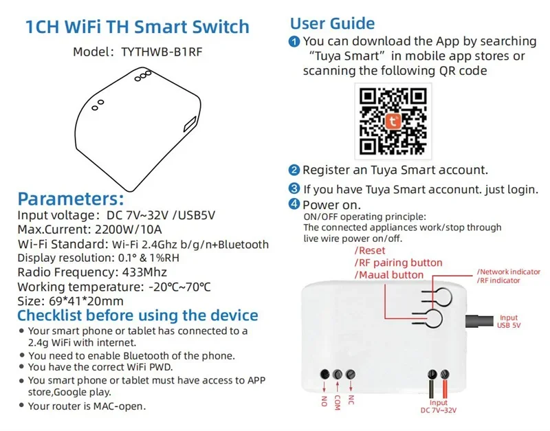 Tuya Smart Life 5V 32V Passive Dry Contact WiFi Switch Relay Temperature Humidit