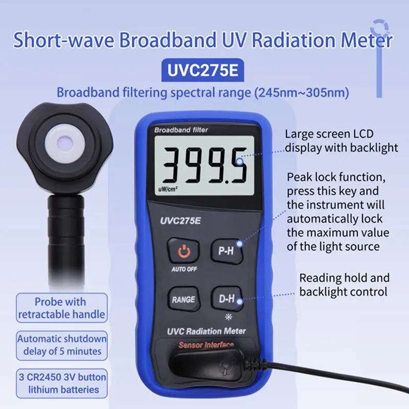 

245nm-305nm Digital UVC Radiation Meter Broadband Filter Short Wave Broad UV Radiation Tester Ultraviolet LED Light Detector