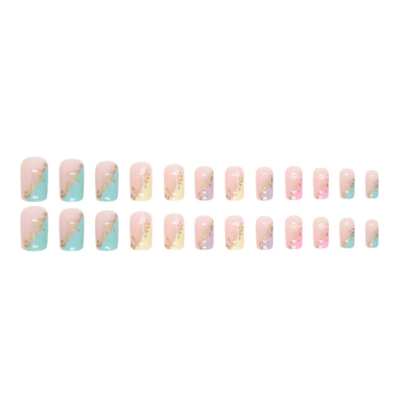 24Pcs/Set False Nail French gold leaf rainbow heart Fake Nail Tips Full Cover Acrylic False Nails  Decoration For Nail Tip