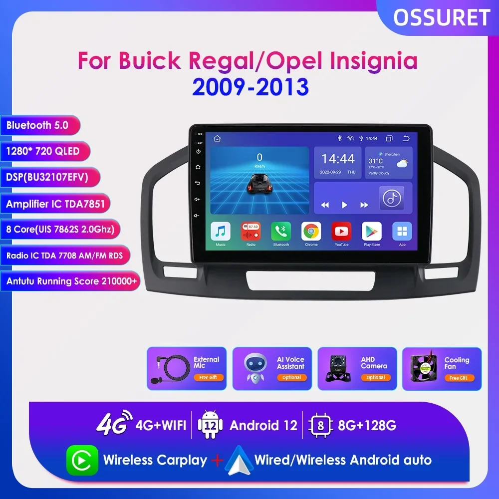 

Автомагнитола 2DIN, 9 дюймов, Android 12, Carplay, мультимедийный плеер для Buick Regal Opel Insignia 2009-2013, GPS-навигатор, BT, стерео, RDS, 4G, DSP, FM