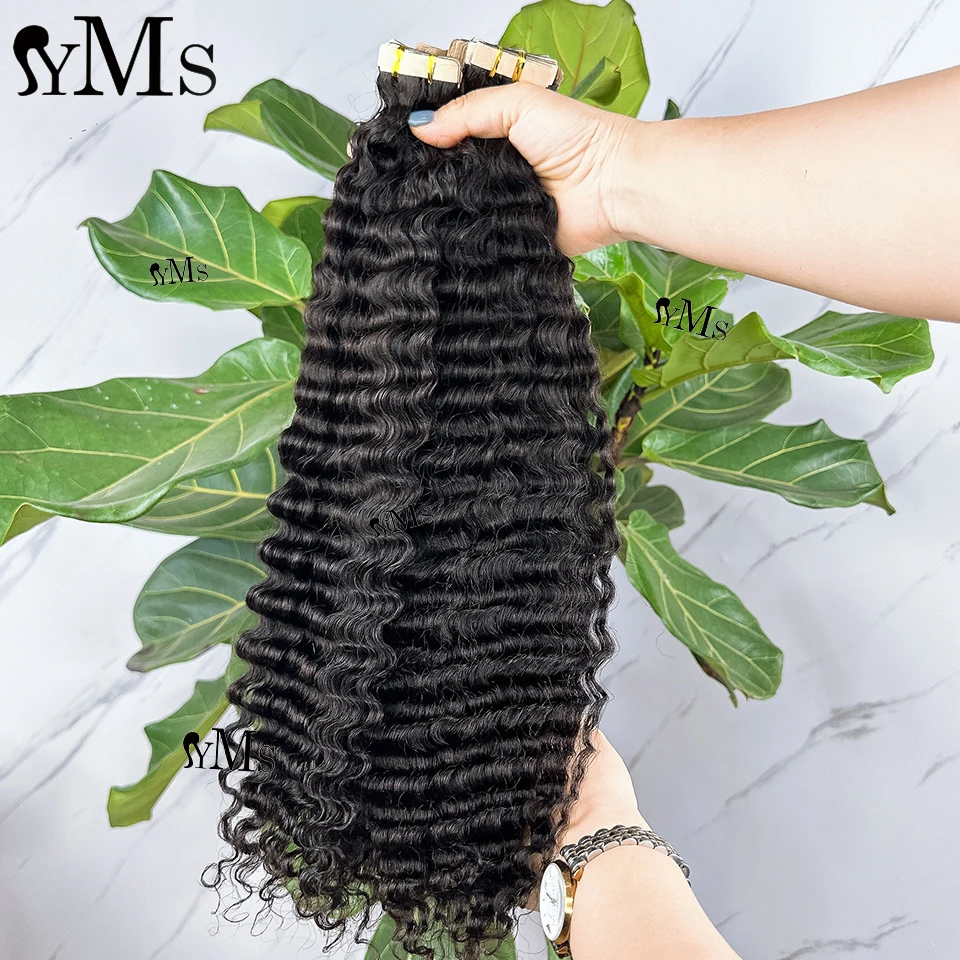 Burmese Curly Tape Ins Hair Extensions Human Hair YMS Invisible Seamless Tape Raw Extension For Women Dark Brown Jet Black