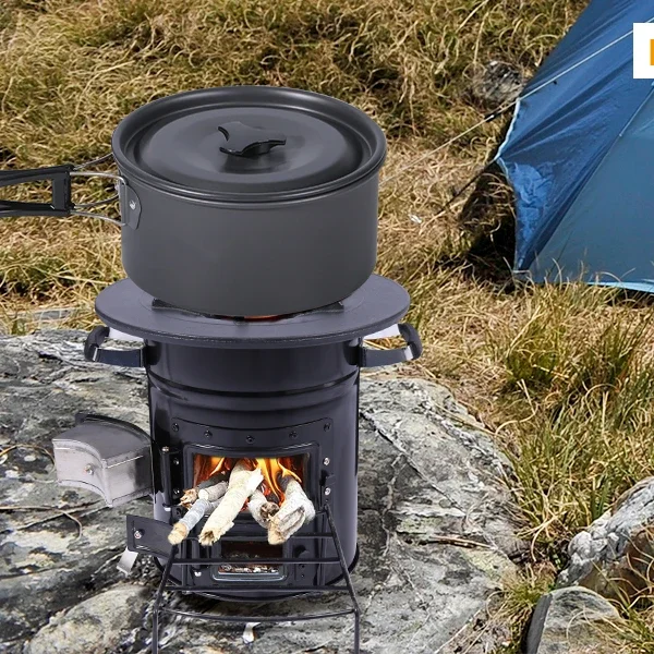 Wood and Charcoal Portable Camping Stove with Bag and Cast Iron Cookware