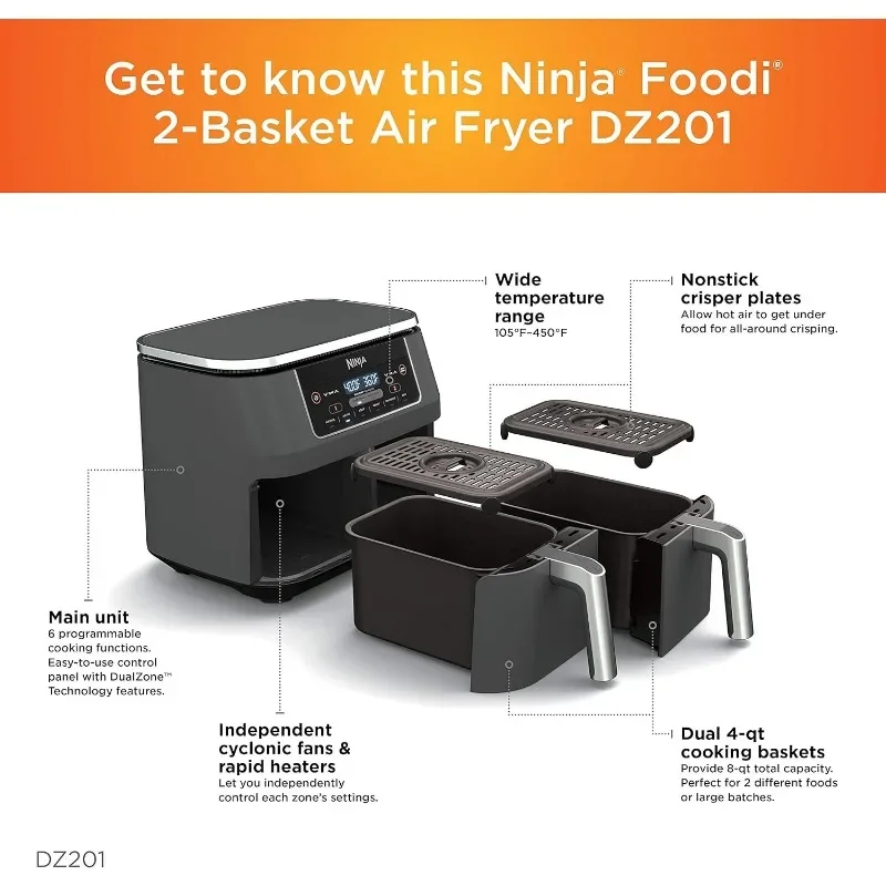 Ninja DZ201 Foodi 6-in-1 2-Basket Air Fryer with DualZone Technology, 8-Quart Capacity, and a Dark Grey Stainless Finish 5