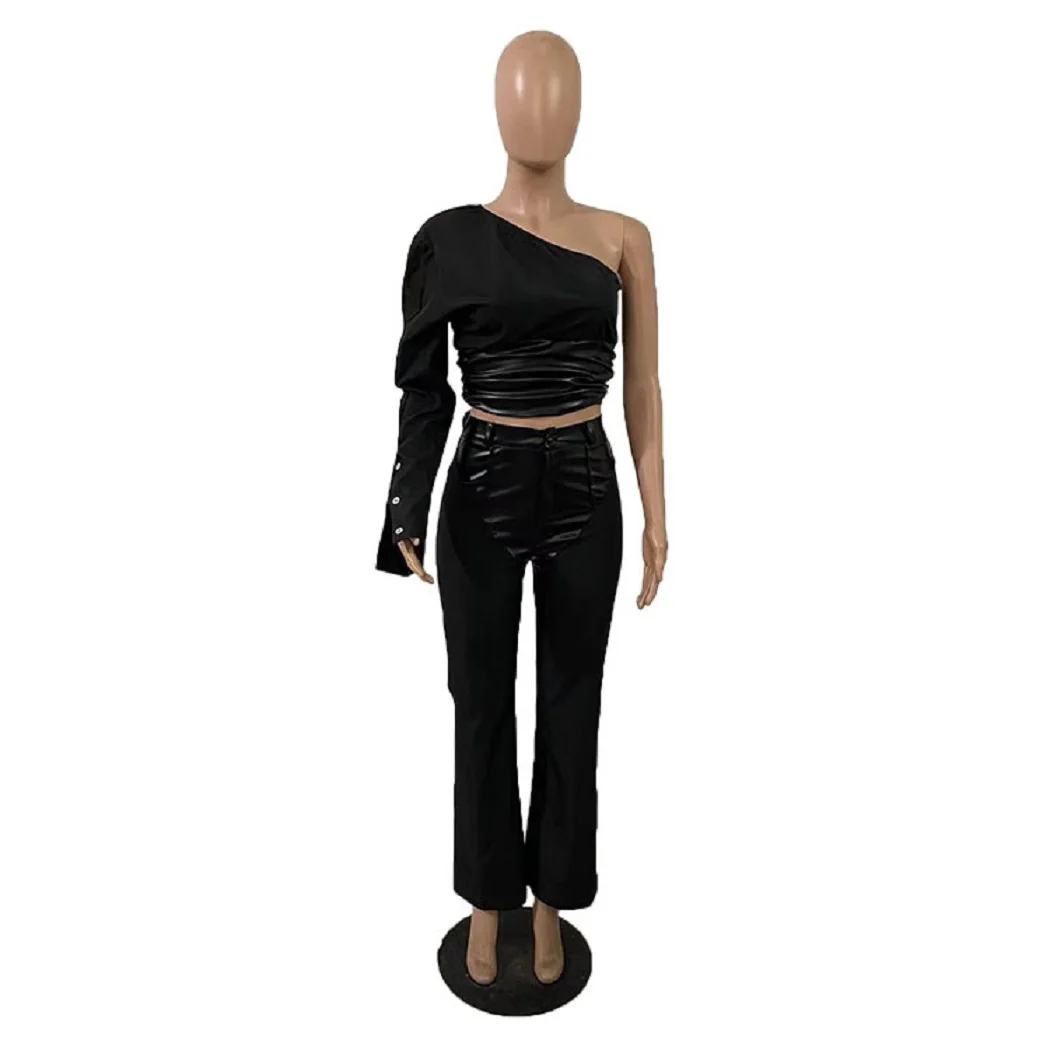 One Shoulder Tops Leather Pants 2 Piece Pant Sets Winter Fall Clothes 2023 Women Party Club Crop Tops Two Piece pants Sets