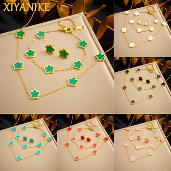 XIYANIKE 316L Stainless Steel 5-Leaf Flower Earring Bracelet Necklace  Jewelry Set Exquisite Clover Accessory Women Trendy Gift 1