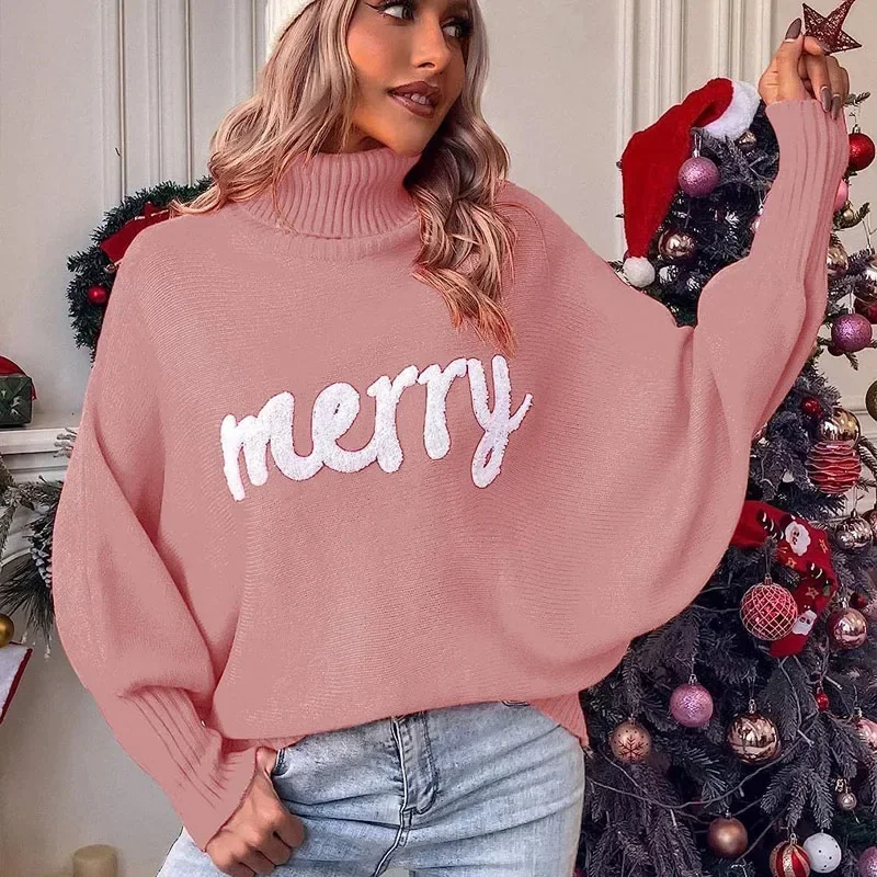 

Winter Women's Christmas Turtle Neck Happy Letter Loose Bat Long Sleeve Pullover Shirt Leisure Sports Knitwear S-XL