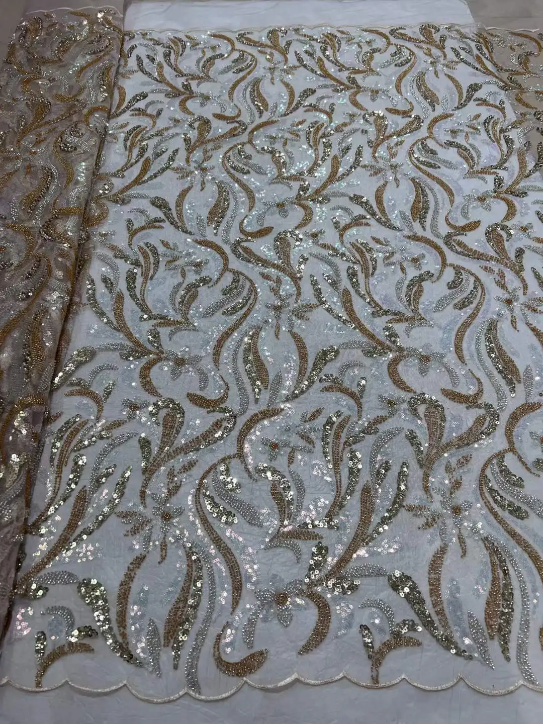 

African Groom Sequins Beaded Lace Fabric 5 Yards 2023 High Quality Nigerian Wedding French Tulle Lace Material Sewing Dress CD