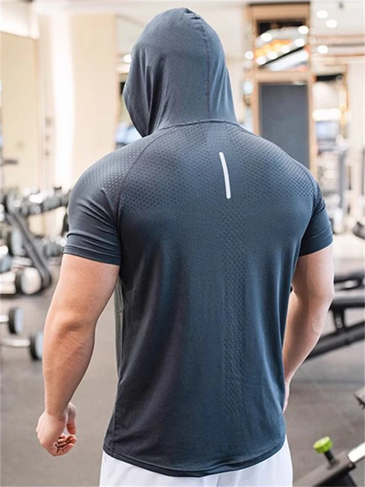 Men's Hoodies Short Sleeve Tshirt Running Fitness Hoody Elastic