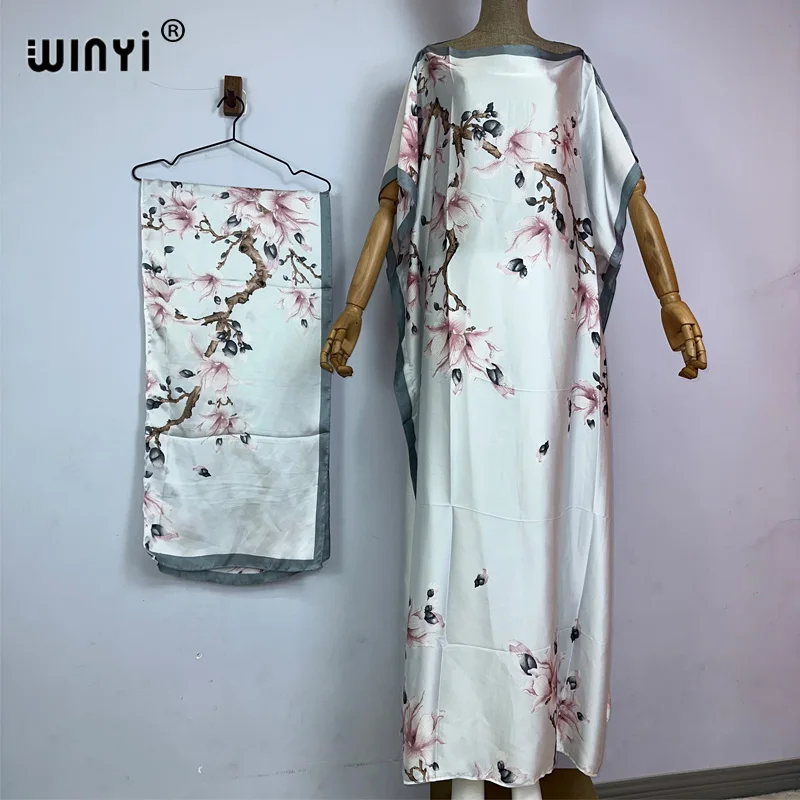 WINYI 비치 아프리카 여름 kaftan 벨트 여성 boho 인쇄 Caftan 우아한 휴일 여름 맥시 실크 느낌 보헤미안 파티 드레스