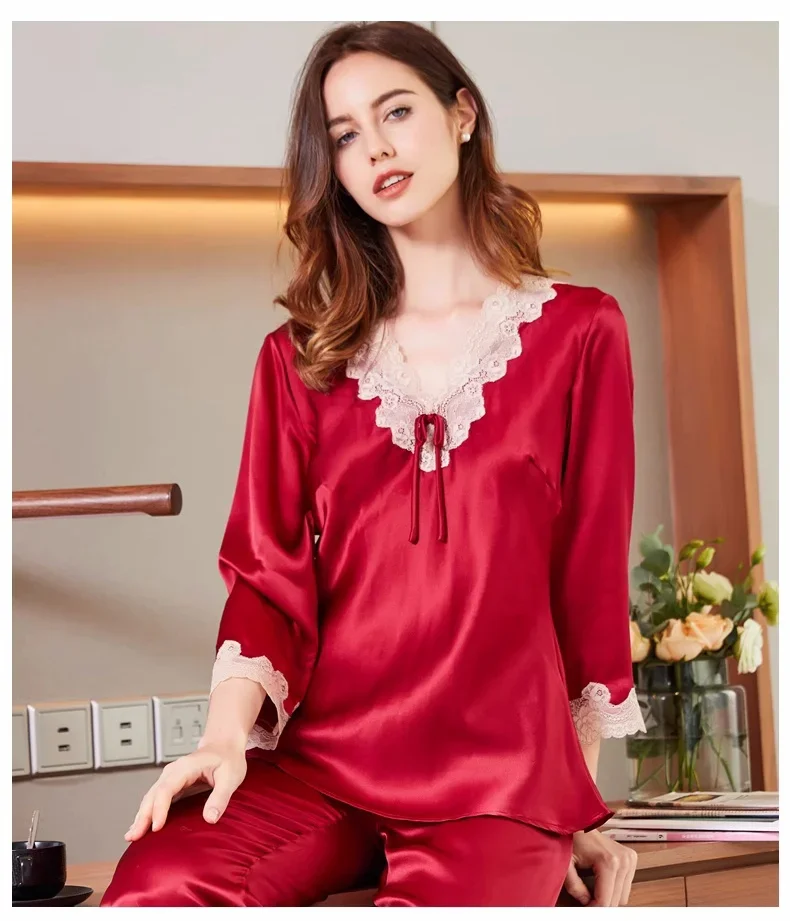 Lace Trim 100% Mulberry Silk Pajama Set Female Casual Home Clothes Quality Lady Sleepwear Pijama Soft Satin Loungewear Nightwear - Image 5