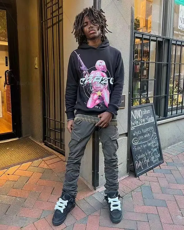 

American Retro Vintage Pullover Hoodies Gothic Hooded Sweatshirt Men's 2023 Y2K Loose Lazy Trendy Brand Long Sleeve Black Jacket