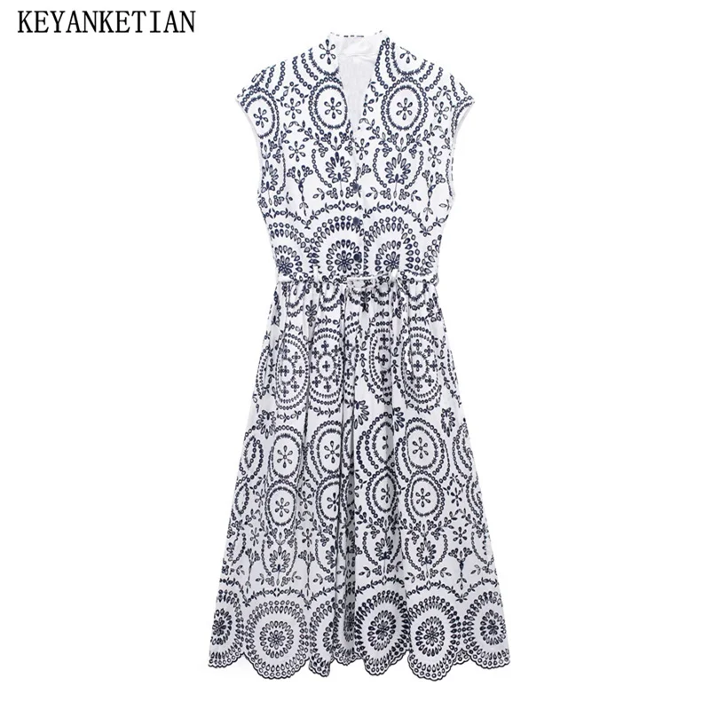 

KEYANKETIAN 2024 New Launch Bohemian Holiday wind Hollow out Embroidery MIDI Dress Women With Belt Single Breasted Shirt Dress