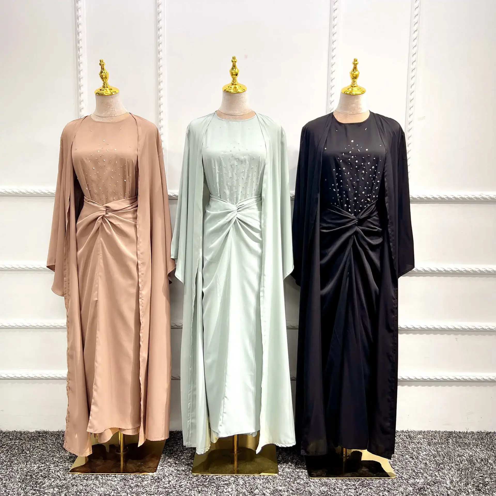 3 Piece Abaya Kimono Matching Muslim Sets Nida Beads Abayas for Women Dubai Turkey Hijab Dress + Wrap Skirt Islam Modest Outfit
