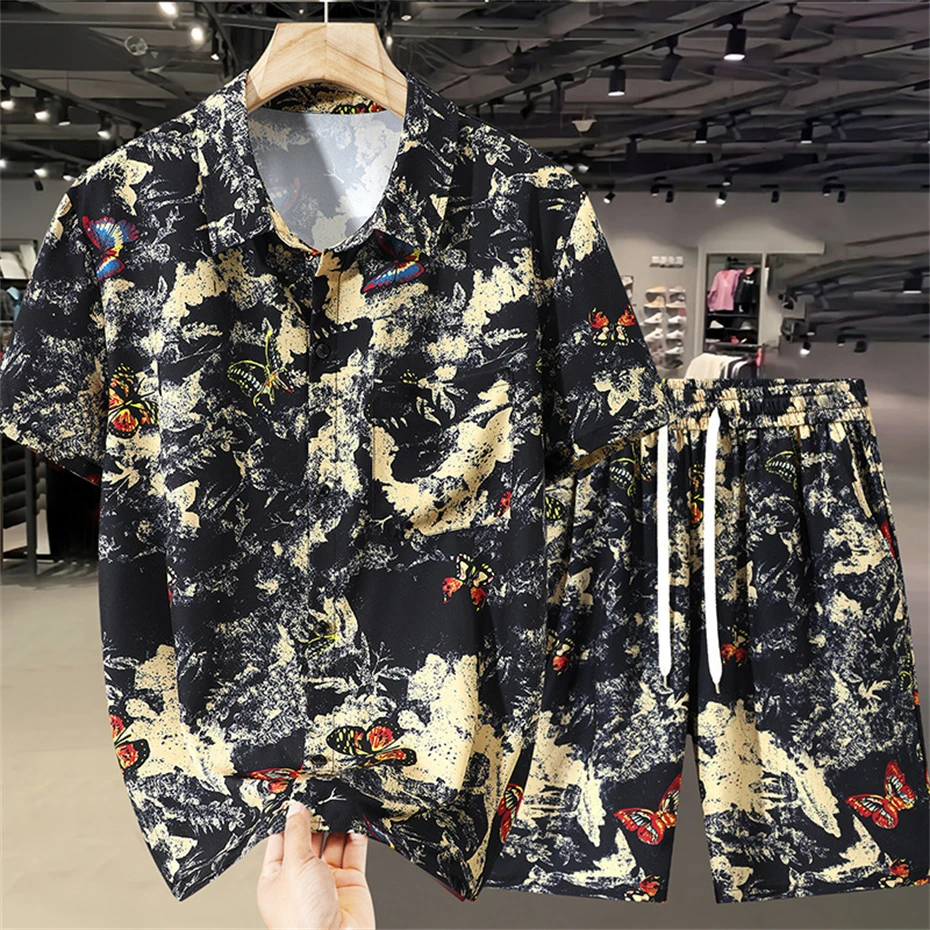 여름 하와이안 비치 셔츠 수트 남성 11XL 10XL 플러스 사이즈 세트 여름 셔츠 반바지 남성 패션 하와이안 셔츠 큰 사이즈 10XL