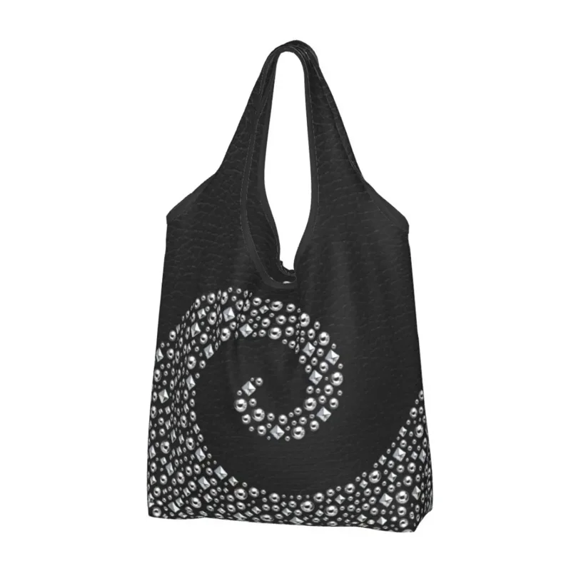 

Black Leather With Silver Stud Swirl Groceries Tote Shopping Bag Textures Shopper Shoulder Bag Large Capacity Handbag