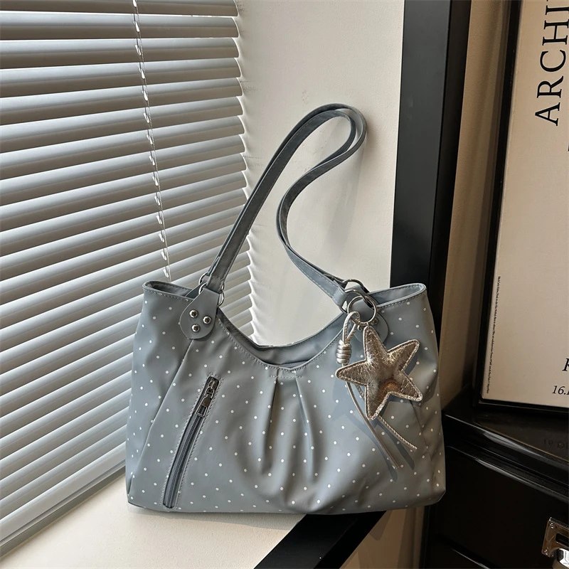 Borsa a Tracolla Coreana a Pois Retrò Carina con Cerniera Vintage Grande Capacità Sottospalla Casual Quotidiana Nuova di Tendenza per Donne Shopping Lavoro - immagine 2