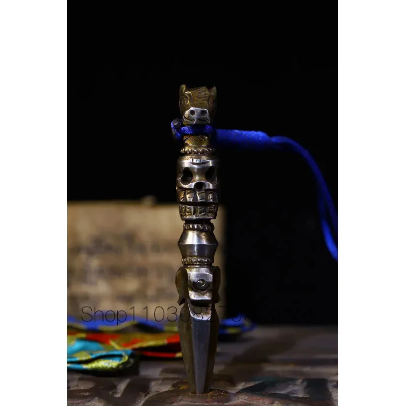 

4"Tibetan Temple Collection Old Tiantie horse head skull head Dorje Vajra Phurpa Amulet Dharma Pendant Town house Exorcism