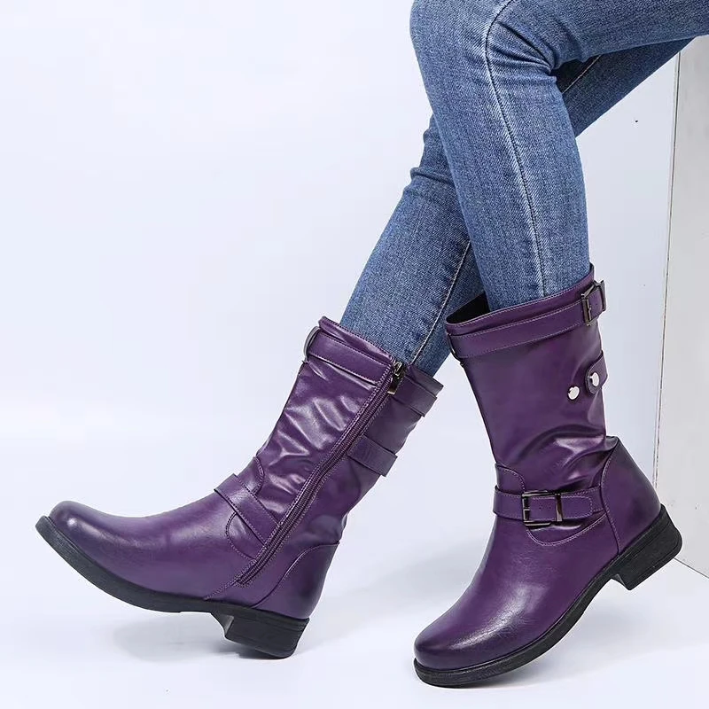 Women Buckle Mid-Calf Boots Female Low Square Heel Zipper Half