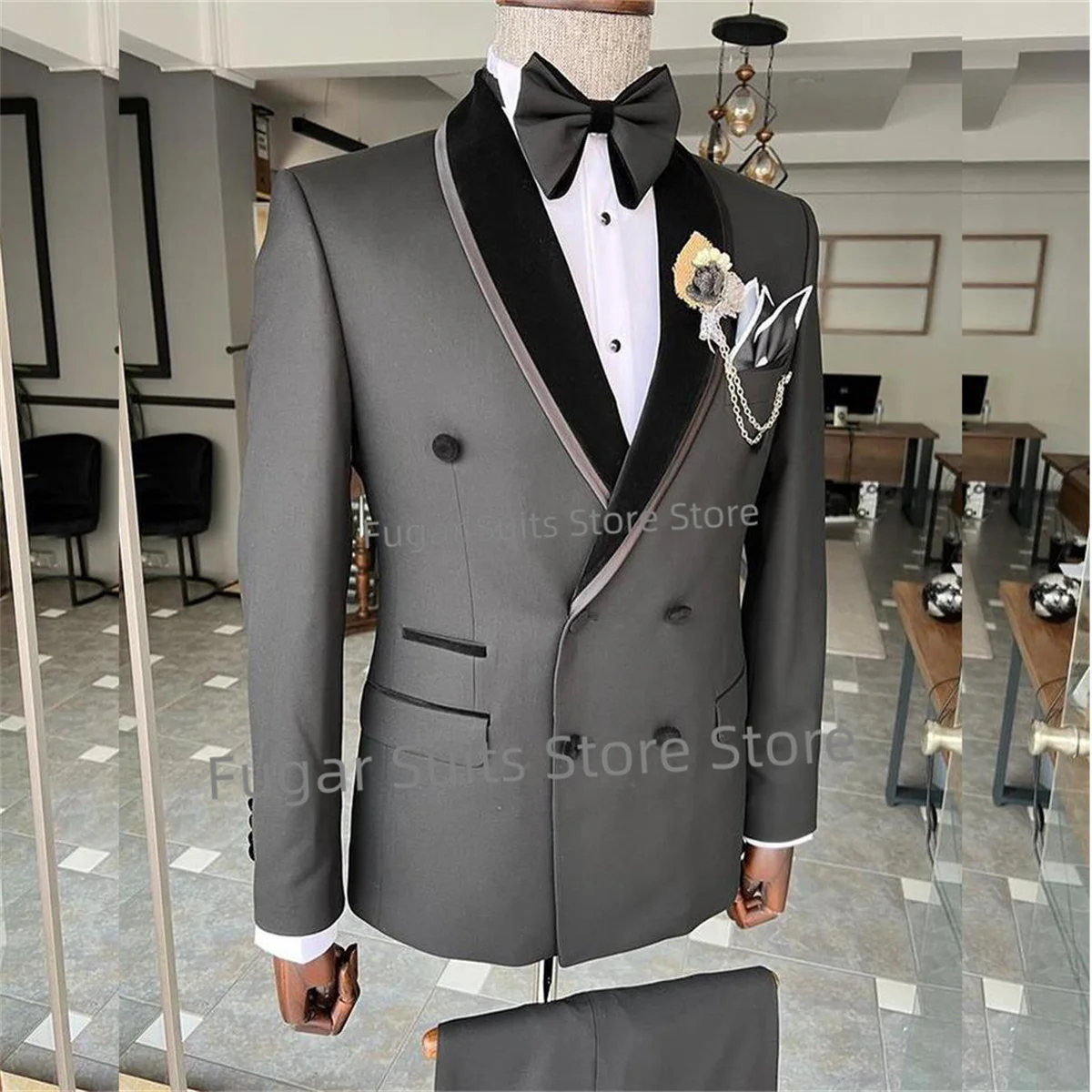 

High-end Elegant Grey Wedding Men's Suits Slim Fit Double Breasted Groom Tuxedos 2 Piece Sets Business Male Blazer Costume Homme