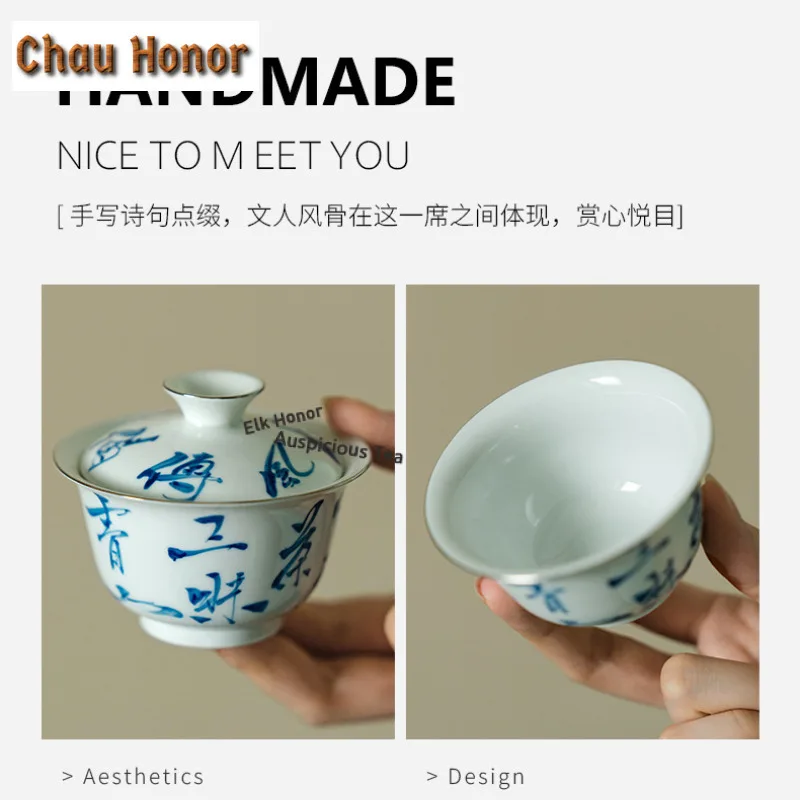 Handwritten Poetic Tracing Silver Ceramic Tea Set Complete Set Luxury Tea Ceremony Set Teapot And Tea Cup Set Tea Items Craft