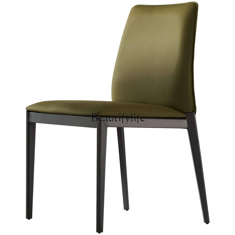 

Italian Minimalist Leather Dining Chair Dark Green Modern Light Luxury High-End Stainless Steel Dining Chair