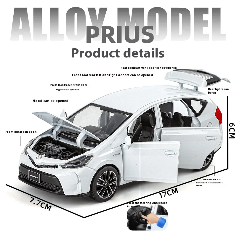 1:32 Toyota Prius Alloy Car Toy Diecast with Sound & Light Features - Pull Back Action Collectible Display Ornament