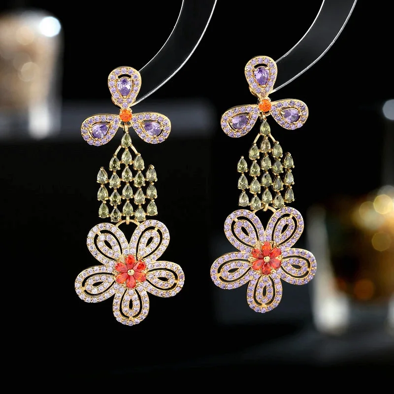 

Colorful Cubic Zirconia Long Flower Dangle Earrings Luxury Wedding Party Jewelry Romantic Sweet Drop Earings