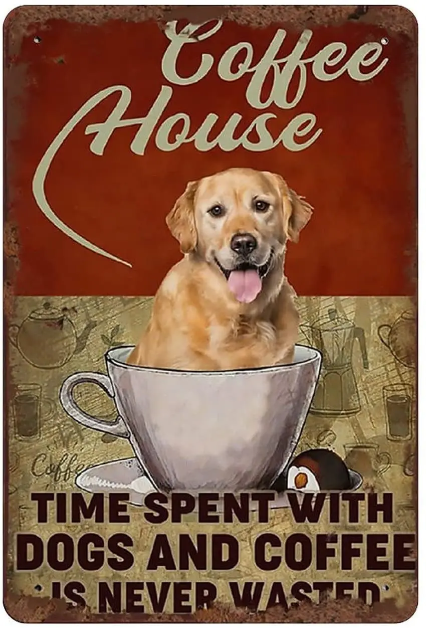 Animal Metal Tin Brand Golden Retriever Dog House Con Cane E Caffè Cucina Vintage Home Coffee Corner Interior Outdoor Decor