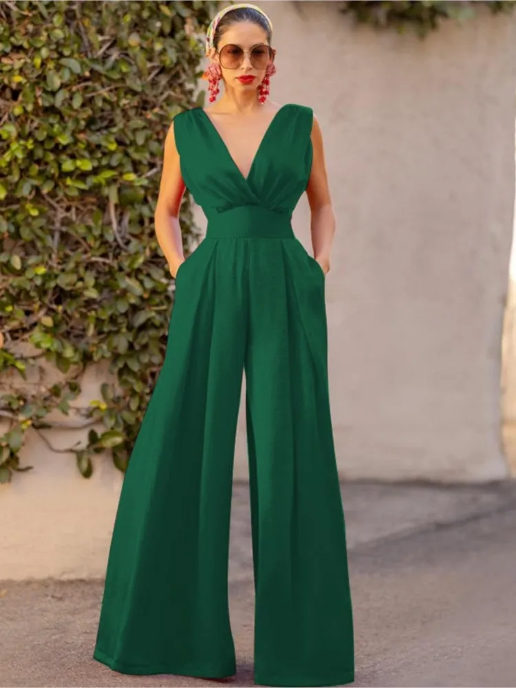 Sexyshine Women's Summer Beach Jumpsuit - V Neck Short Romper In Green, XX-Large (Asian Sizing)